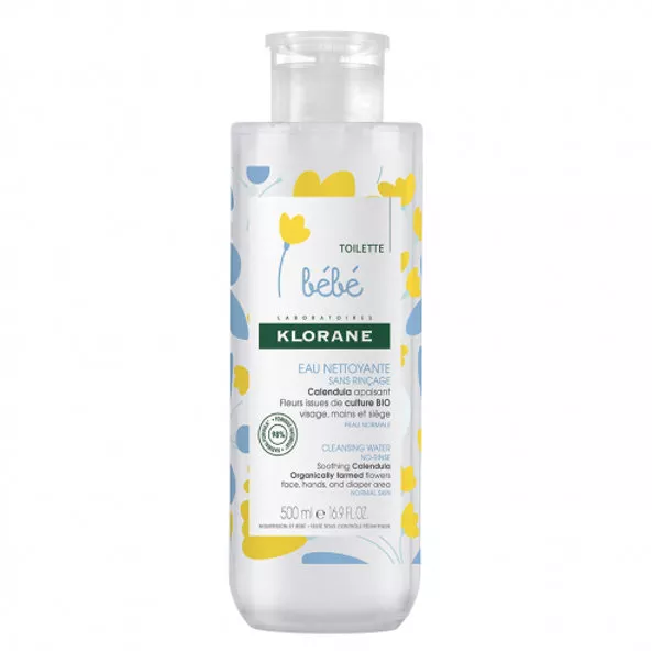 Klorane Bebe Eau Nettoyante Sans Rinéage au Calendula Bio é Visage, Corps et Siége é 500 ml