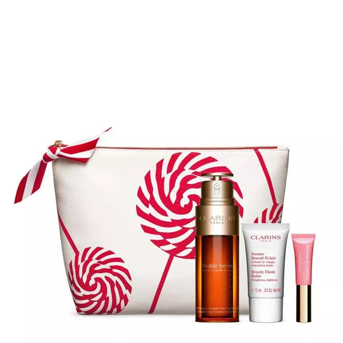 CLARINS Coffret Double Sérum 4 Piéces Clarins | Sérum 50 ml, Baume 15 ml, Perfecteur de Lévres 5 ml, Pochette