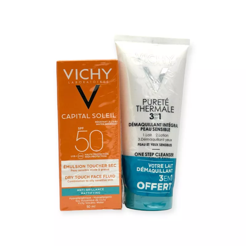 Vichy Capital Soleil Emulsion Toucher Sec Anti-Brillance SPF50 + Vichy Pureté Thermale Démaquillant Intégral