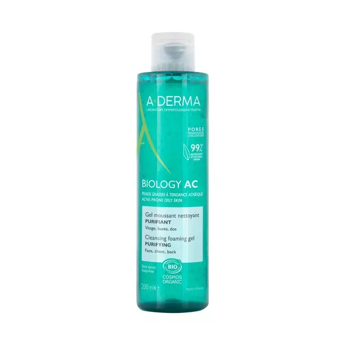 A-Derma BIOLOGY AC Gel Moussant Nettoyant Purifiant Bio - Visage, Buste et Dos - Peaux Grasses é Tendance Acnéique, 200ml