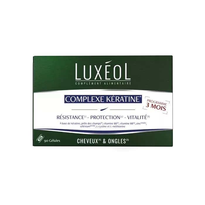 Luxéol Complexe Kératine - Résistance, Protection et Vitalité - Cheveux et Ongles, 90 Gélules