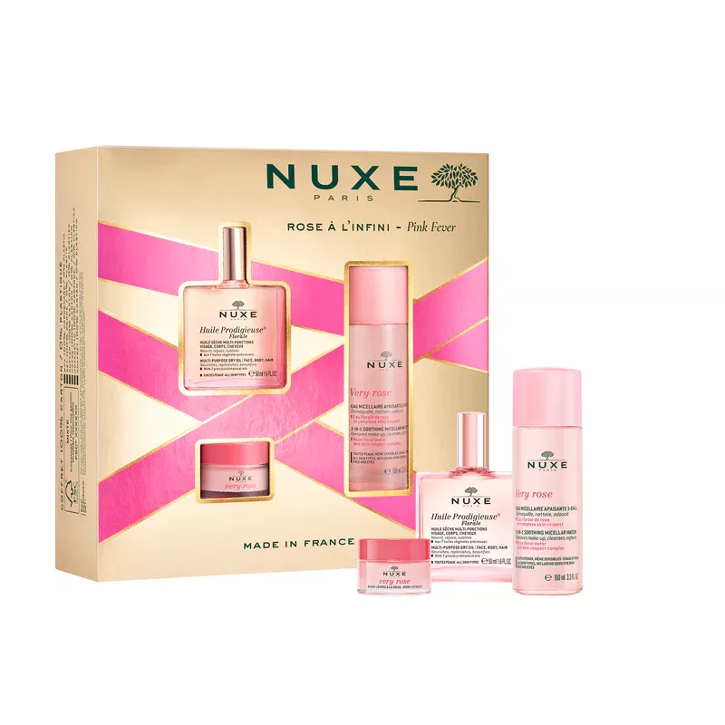 Coffret NUXE Rose é l'Infini é Huile Prodigieuseé, Eau Micellaire Very Rose, et Baume Lévres é la Rose