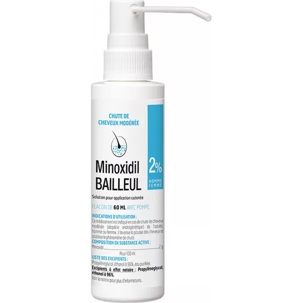 Minoxidil Bailleul 2 % é Solution Anti-Chute de Cheveux Homme & Femme, 1 flacon 60 ml