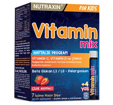 Flacons Nutraxin Vitamin Mix Kids – formule liquide immunité avec bêta-glucane, vitamines et zinc pour enfants