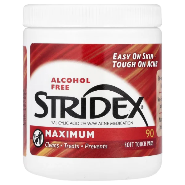 Pads nettoyants anti-acné Stridex 2% acide salicylique sans alcool – traitement acné modérée et prévention imperfections – 90 disques
