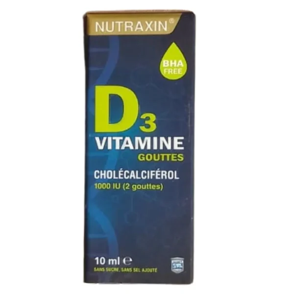 Flacon Nutraxin Vitamine D3 1000 UI en gouttes – complément alimentaire pour la santé des os, dents, muscles et système immunitaire