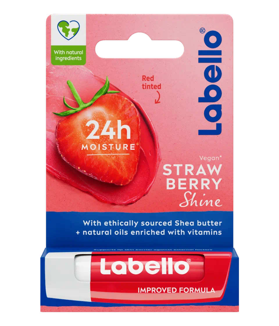 Labello Strawberry Shine baume à lèvres hydratant 24h avec beurre de karité et vitamine E, teinte rosée naturelle au parfum de fraise