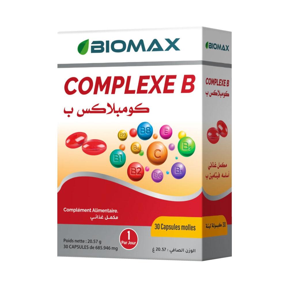 Boîte de compléments alimentaires Biomax Complexe B vitamines énergie et immunité