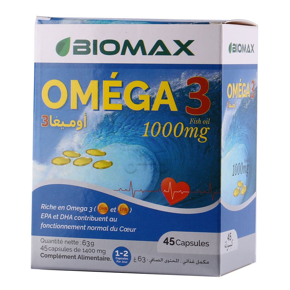 Boîte Biomax Oméga 3 capsules huile de poisson santé cardiovasculaire