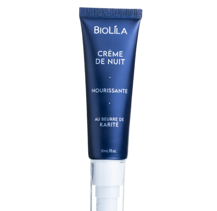 Crème de nuit BIOLILA au beurre de karité, hydratante et nourrissante, pour régénérer la peau pendant le sommeil et la rendre éclatante au réveil.