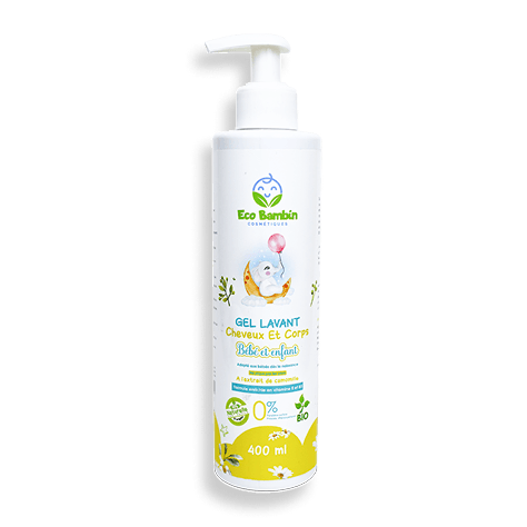 Gel lavant bébé Eco Bambin 2 en 1 corps et cheveux, à l’amande douce et camomille, hypoallergénique et sans sulfates.