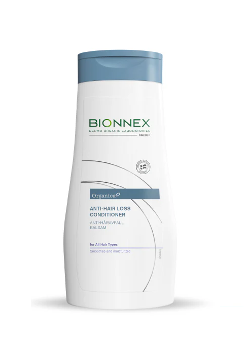 Après-shampoing anti-chute BIONNEX Organica pour tous types de cheveux, enrichi en protéines végétales, nourrit, adoucit et fortifie les cheveux.