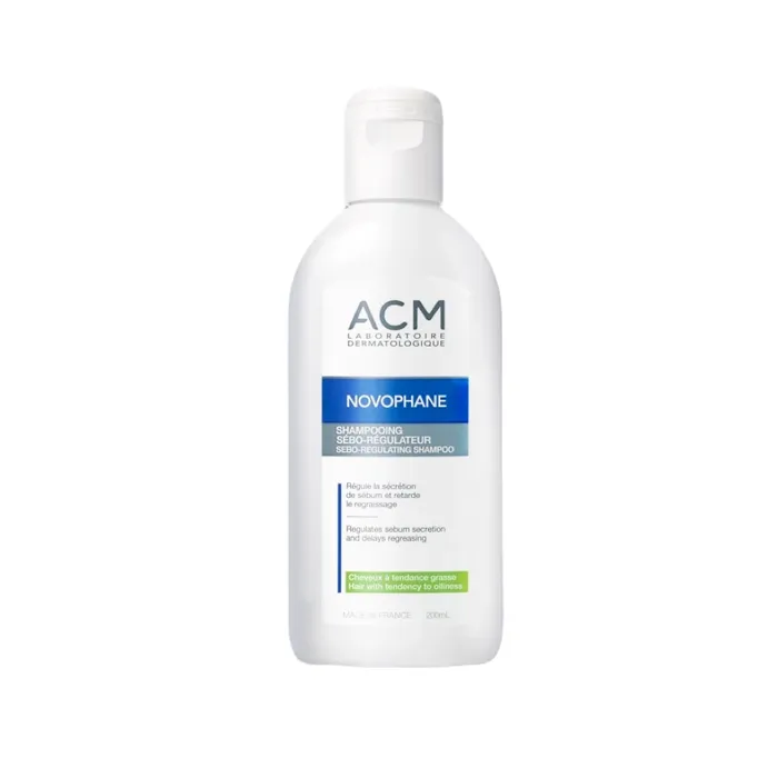 ACM Novophane Shampooing Sébo-Régulateur 200 ml, soin purifiant pour cheveux gras au zinc, ortie et biotine, régule le sébum et redonne légèreté.