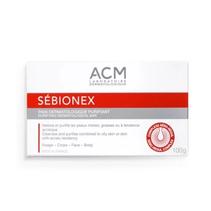 ACM Sébionex Pain Dermatologique Purifiant 100 g, nettoyant sans savon au zinc et acide lactique, pour peaux mixtes à grasses à tendance acnéique.