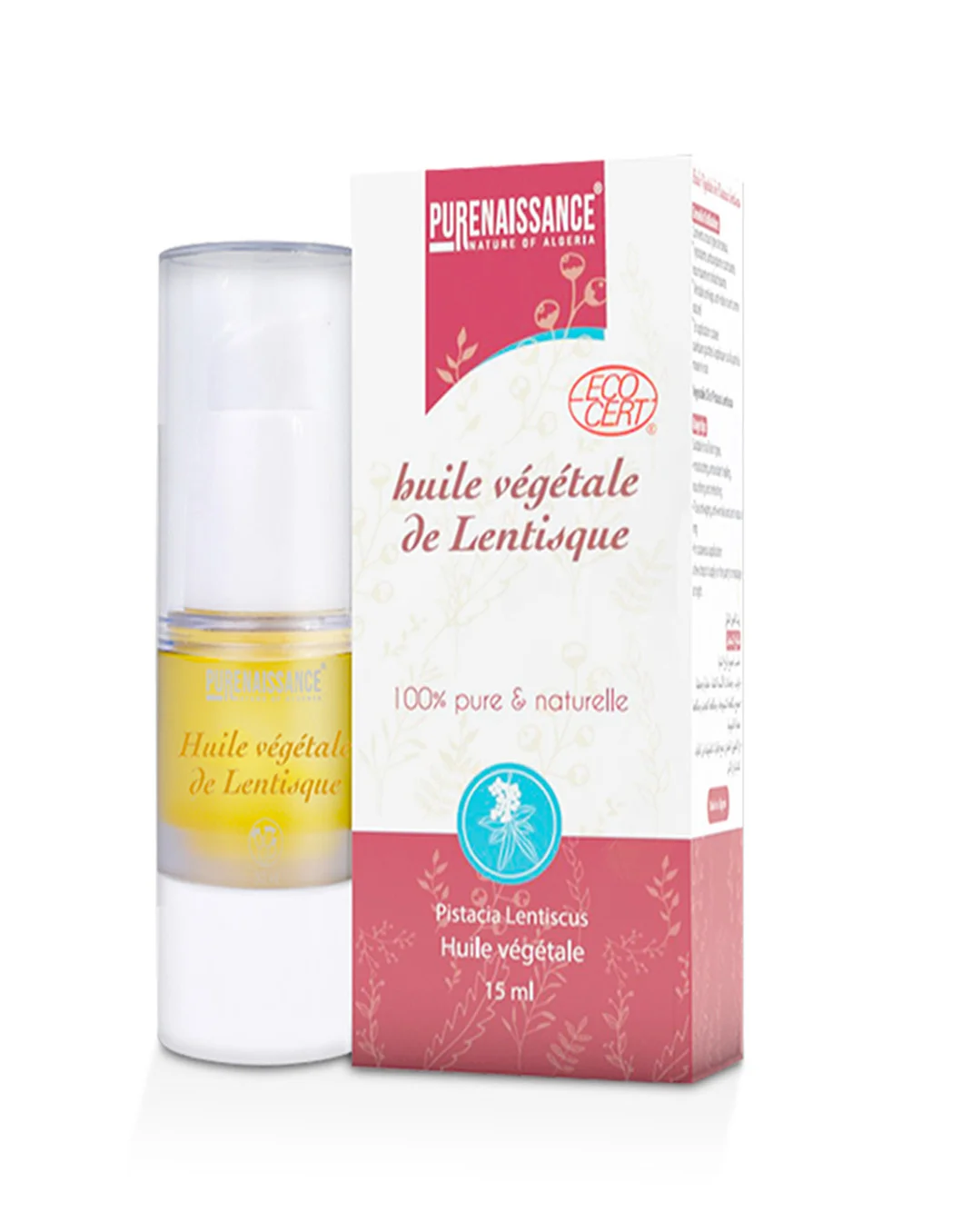 Huile végétale Lentisque PURENAISSANCE, huile naturelle circulatoire et raffermissante 15 ml