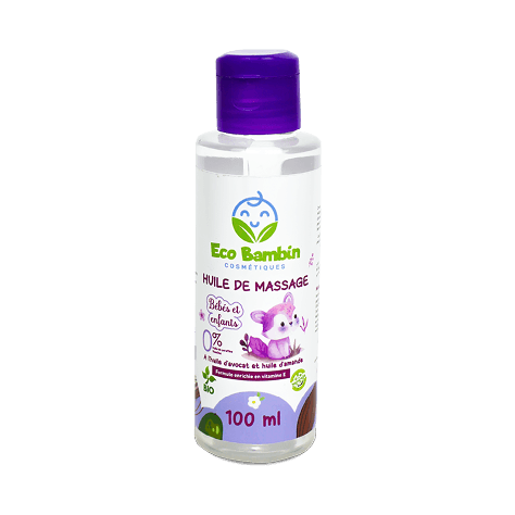 Huile de massage bébé Eco Bambin, 99 % d’ingrédients naturels, à l’amande douce, avocat et vitamine E, hypoallergénique et nourrissante.