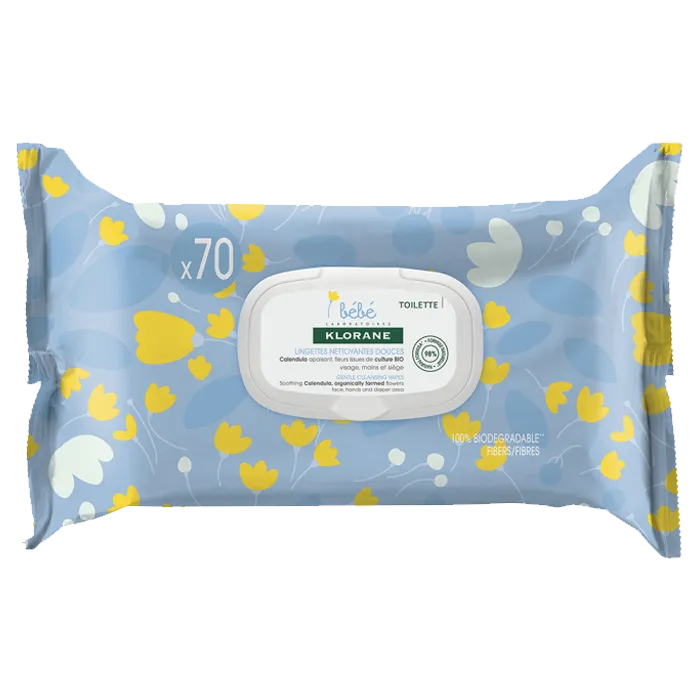 Klorane BÉBÉ - Lingettes Nettoyantes Douces au Calendula, 70 unités