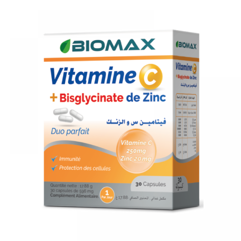 BIOMAX Vitamine C + Zinc, complément alimentaire à base de vitamine C et zinc, renforce le système immunitaire et réduit la durée des infections – 30 capsules