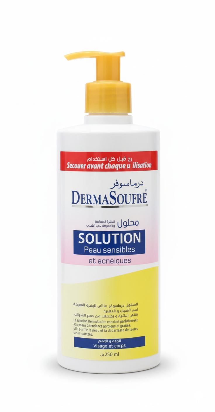 Flacon pompe DermaSoufre Solution nettoyante pour peau acnéique et sensible au soufre