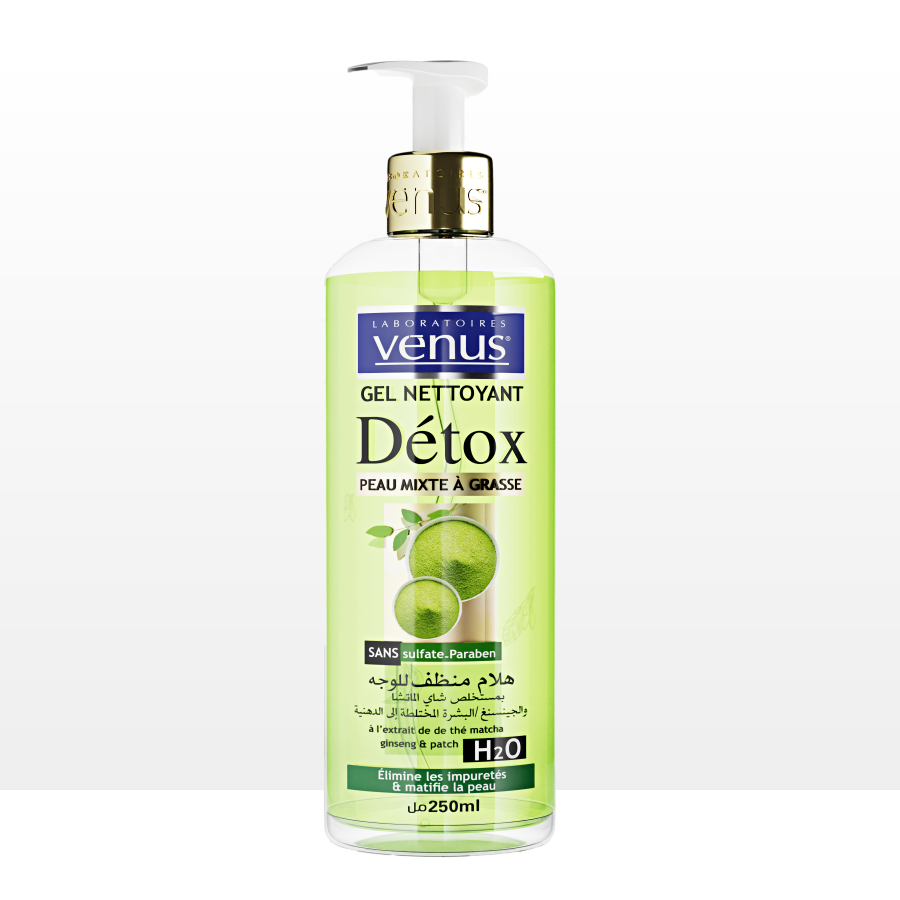 Flacon pompe Venus Gel Nettoyant Détox thé matcha ginseng peau grasse